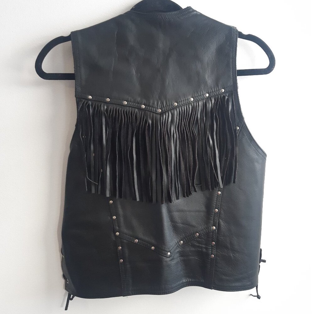 Vintage Genuine Leather Fringe Vest Biker Western Black Lace Up Made in Canada S - Picture 6 of 11